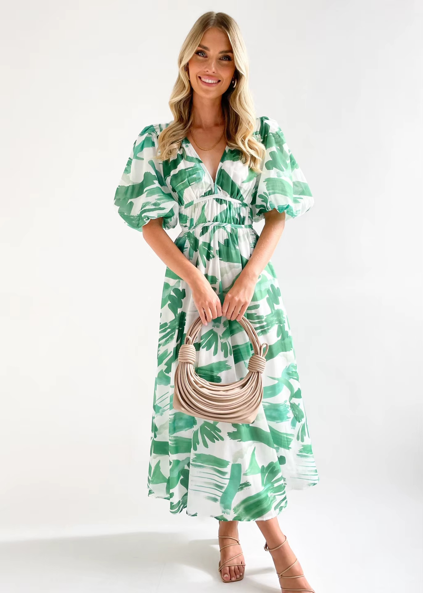 Alva - Elegant V-neck Puff Sleeve Maxi Dress