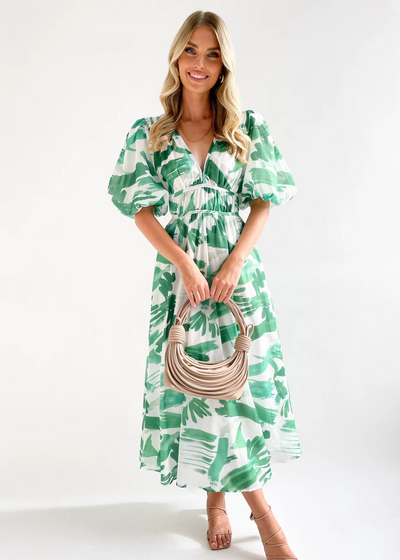 Alva - Elegant V-neck Puff Sleeve Maxi Dress