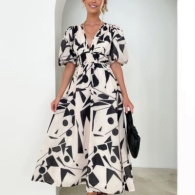 Alva - Elegant V-neck Puff Sleeve Maxi Dress