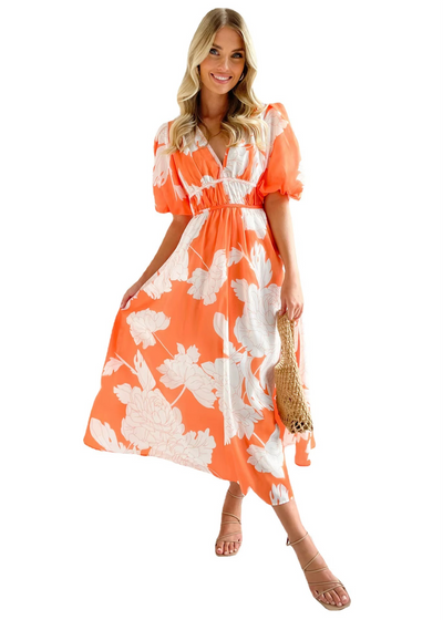 Alva - Elegant V-neck Puff Sleeve Maxi Dress